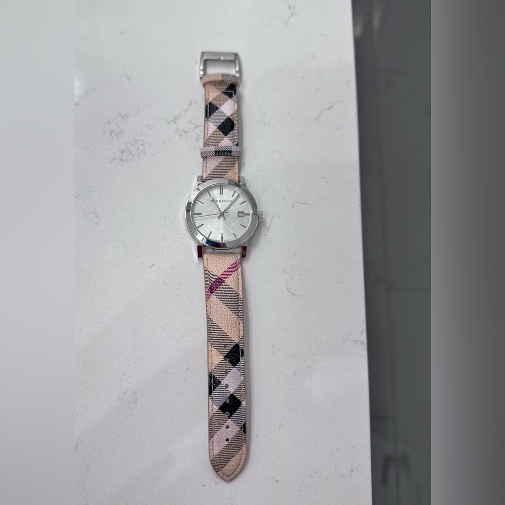Burberry Pink and Black Checkered Watch with Silver Dial